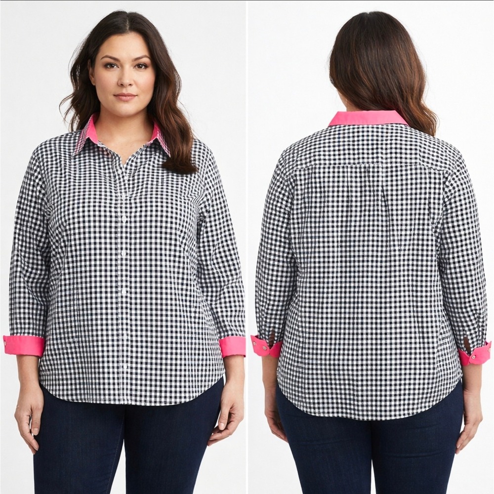 Lauren Ralph Lauren Women 2X Gingham Button Down Shirt Pink Contrast Black White